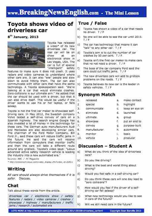 A 2-Page Mini-Lesson - Driverless Cars
