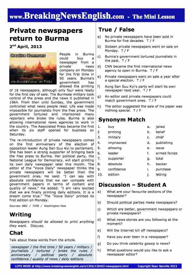 A 2-Page Mini-Lesson - Newspapers In Burma