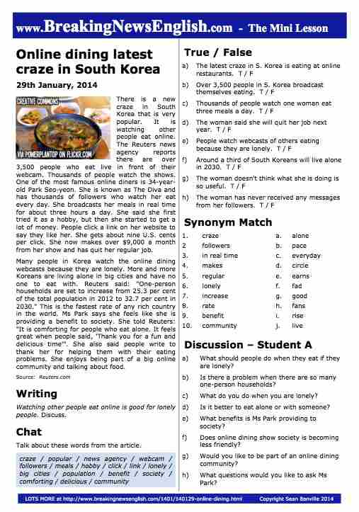A 2-Page Mini-Lesson - Online Dining